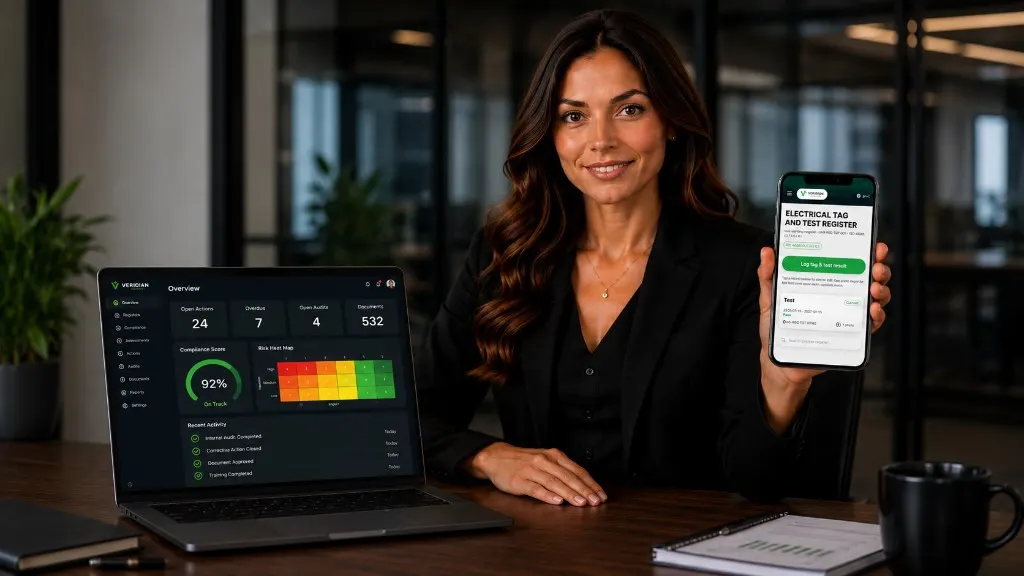 Compliance manager using Veridian IMS on laptop and mobile — dashboard with compliance score, risk heat map, and electrical tag and test register