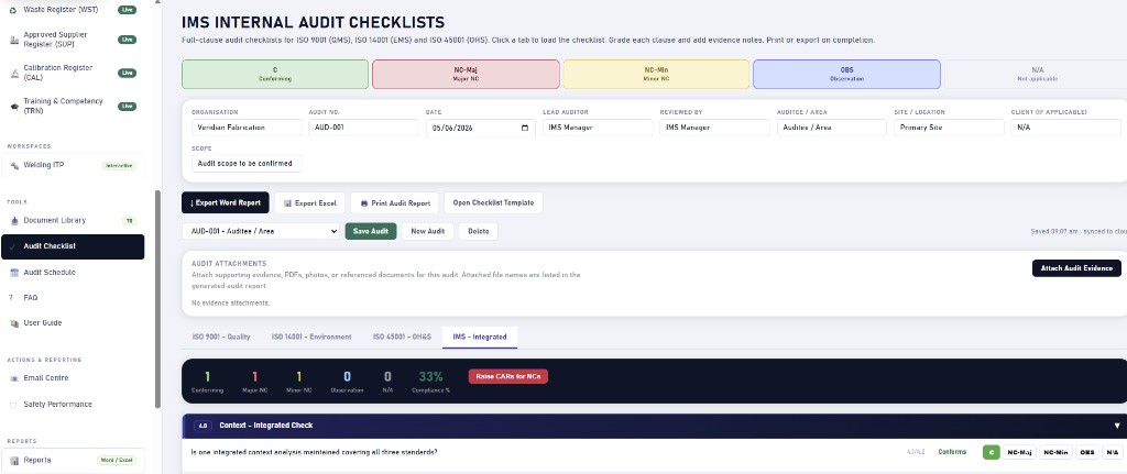 IMS internal audit checklist with clause-by-clause grading