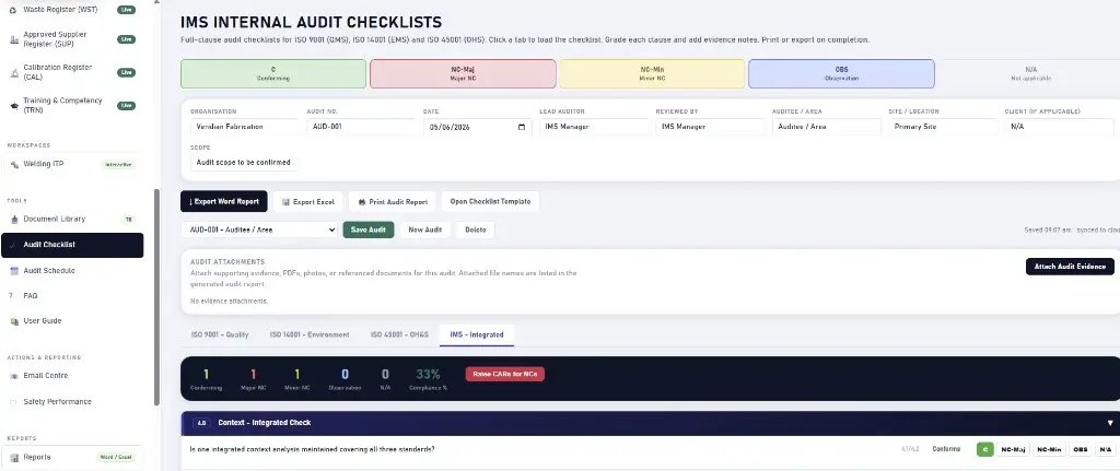 IMS internal audit checklist with clause-by-clause grading