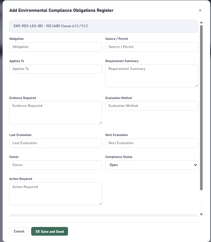 Environmental compliance obligations register entry form