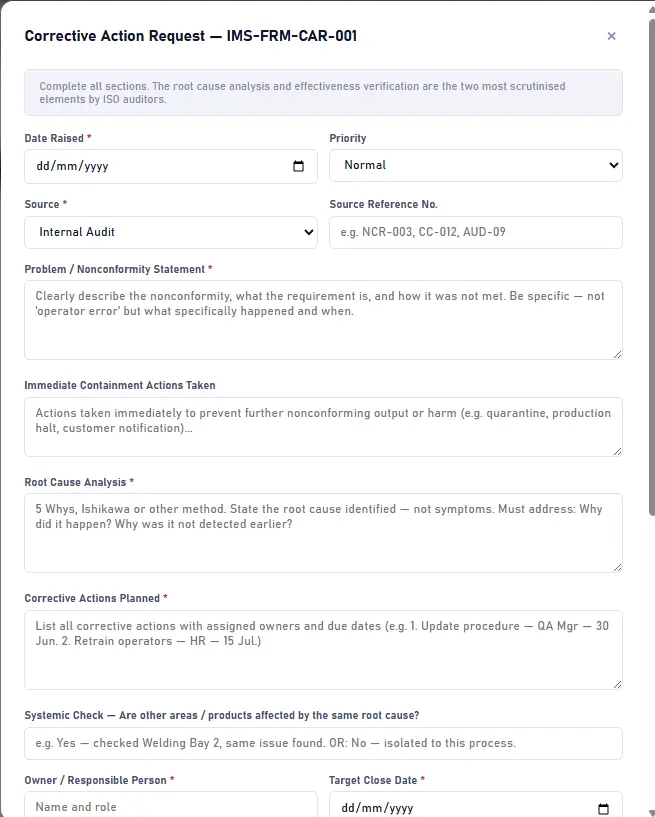 Corrective action request form with root cause analysis and effectiveness verification