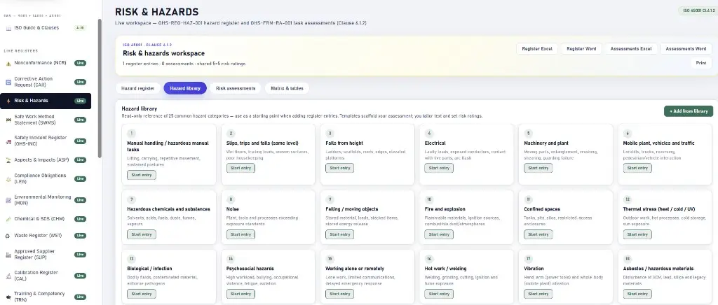 Hazard library of common hazard categories to start register entries from