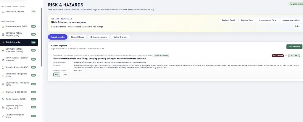Live hazard register entry with potential harm, controls and risk rating