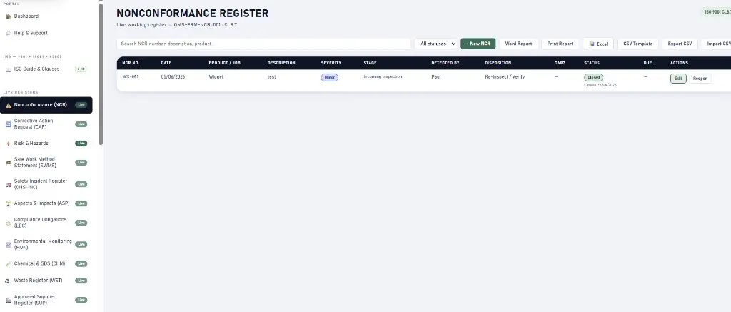 Live nonconformance register listing NCRs with severity, stage and status