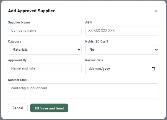 Approved supplier register entry form with ABN, category and review date