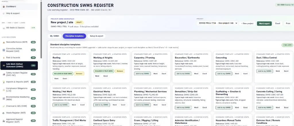 Construction SWMS register with discipline template library