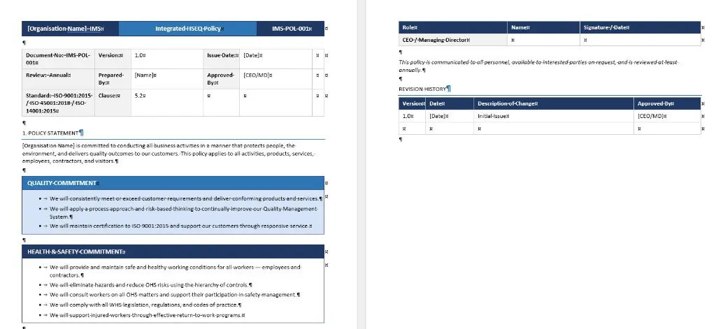 Integrated HSEQ policy template document with revision history
