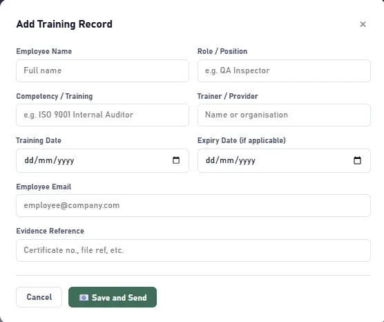 Add training record form capturing competency, trainer, dates and evidence reference