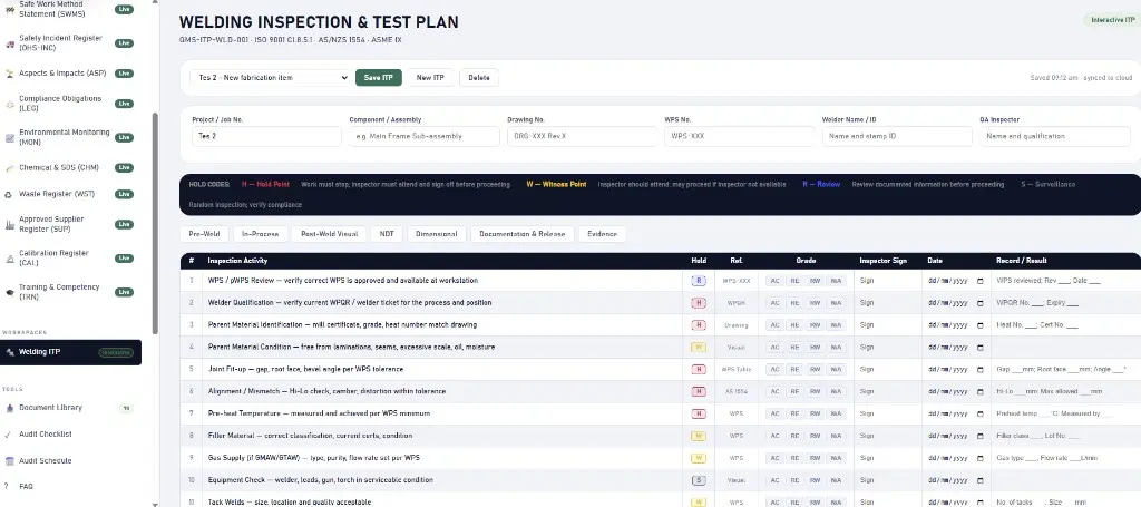 Welding inspection and test plan with hold points and inspection activities