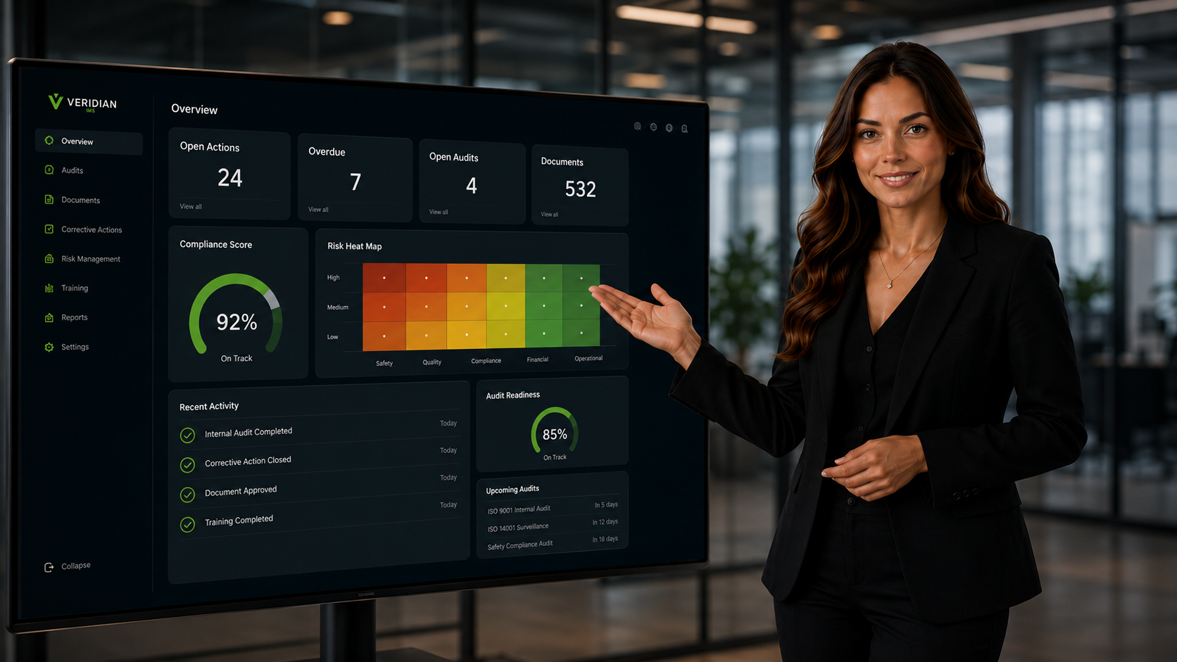 Compliance manager reviewing audit-ready ISO workflows on the Veridian dashboard